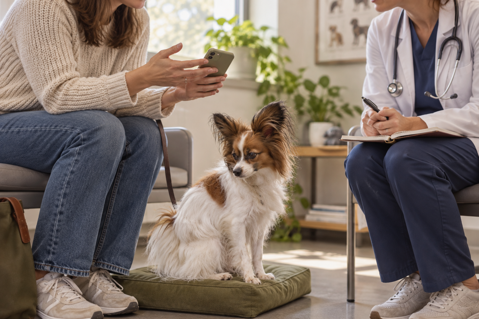 Majiteľ konzultuje tvrdú stolicu svojho psa s veterinárom